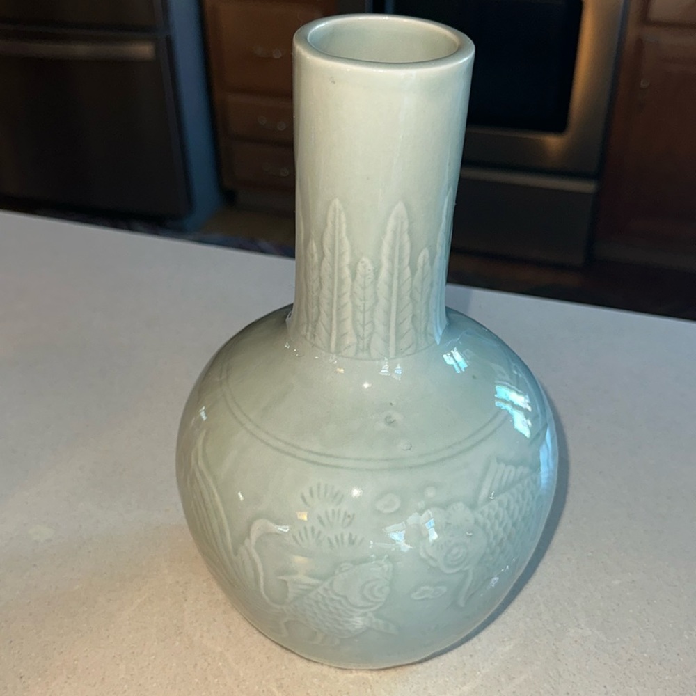 Vintage Koi Fish Green Celadon Bottle Neck Vase 11”